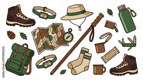A collection of illustrated outdoor adventure essentials including boots, backpack, map, compass, and water bottle in earthy tones.