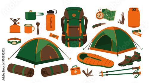 A vibrant flat illustration showcases a collection of essential camping gear including tents, sleeping bags, backpacks, and cooking equipment against a clean white background.