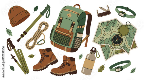 A collection of illustrated outdoor adventure gear including a backpack, hiking boots, map, compass, poles, rope, and water bottle arranged on a white background.