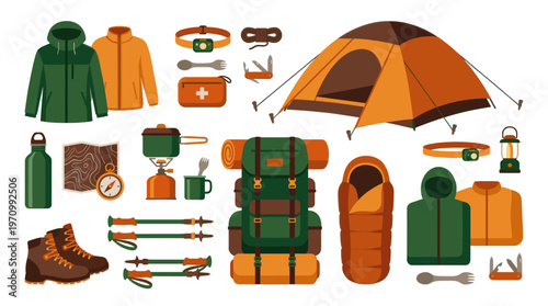 A comprehensive flat illustration showcasing essential camping and hiking equipment, including a tent, backpack, sleeping bag, and clothing, ideal for adventure or outdoor activity concepts.