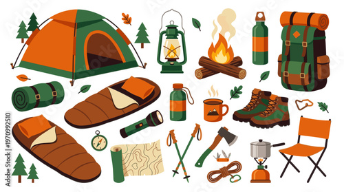 A flat design illustration showcases a collection of camping equipment including a tent, sleeping bags, backpack, campfire, and cooking gear, perfect for adventure and outdoor themes.