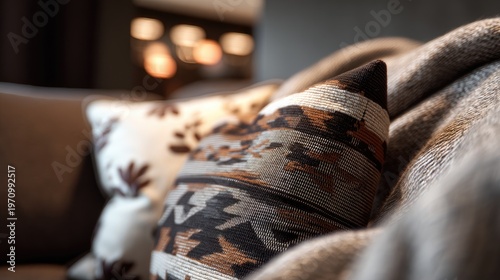 Cozy Living Room Scene Featuring Textured Throw Pillows and Soft Blankets on a Comfortable Sofa with Blurred Background Decor Elements
