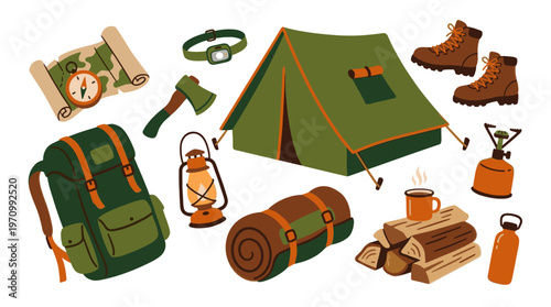 A vibrant flat design illustration showcases essential camping gear including a tent, backpack, boots, map, compass, axe, and cooking stove, perfect for outdoor adventure themes.