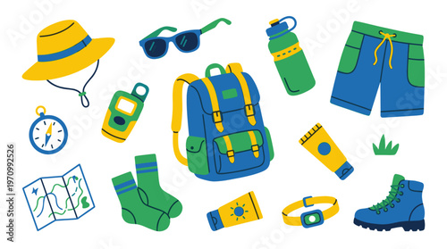 A vibrant, flat illustration displays a collection of essential outdoor adventure gear, including a backpack, hat, sunglasses, and hiking boot on a white background.
