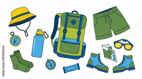 A vibrant flat lay illustration showcases essential hiking gear including a backpack, boots, hat, shorts, socks, compass, water bottle, sunglasses, map, and snack bar.
