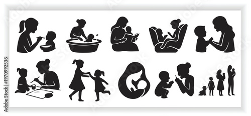 Heartwarming maternal love silhouettes depicting mother kissing, hugging, and comforting baby for greeting cards and blog designs.