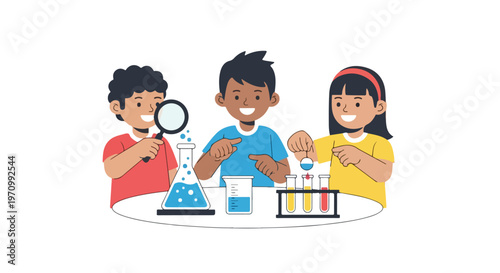 Three enthusiastic children explore the wonders of science through colorful experiments with test tubes and lab equipment in this illustration.
