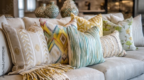Cozy Living Room Sofa with Vibrant Decorative Cushions and Throws, Modern Interior Design Elements, Warm and Inviting Atmosphere