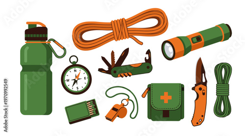 Flat design illustration of essential camping and hiking equipment, including a water bottle, compass, multi-tool, first-aid kit, rope, and flashlight, set against a white background.