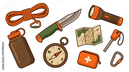 A flat lay illustration features essential outdoor adventure equipment including a compass, knife, rope, water bottle, and first-aid kit, perfect for travel and camping themes.