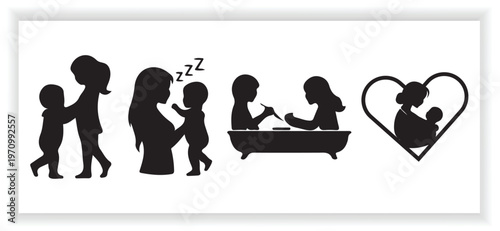 Minimalist vector set of mother holding baby, playing, and walking toddler silhouettes for parenting and maternal health.