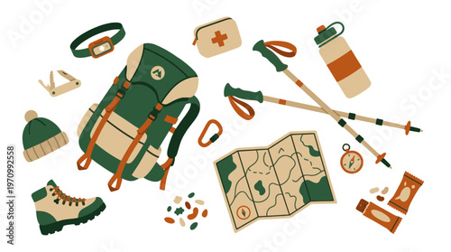 A collection of essential hiking gear, including a backpack, boots, poles, map, compass, and water bottle, arranged neatly on a white background.