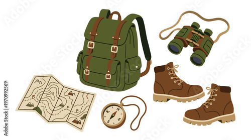 A collection of outdoor adventure essentials including a green backpack, brown hiking boots, a folded map, a compass, and binoculars on a white background.