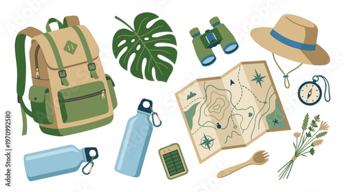 A collection of outdoor adventure essentials including a backpack, water bottles, map, compass, binoculars, hat, and plants, laid out on a white background.