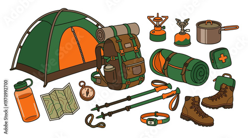 An assortment of colorful cartoon camping equipment is displayed against a white background, including a tent, backpack, sleeping bag, boots, and cooking supplies.