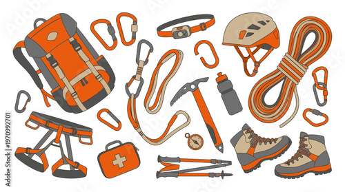 A flat lay illustration of essential climbing and mountaineering gear, including a backpack, rope, helmet, harness, ice axe, boots, and safety equipment against a white background.