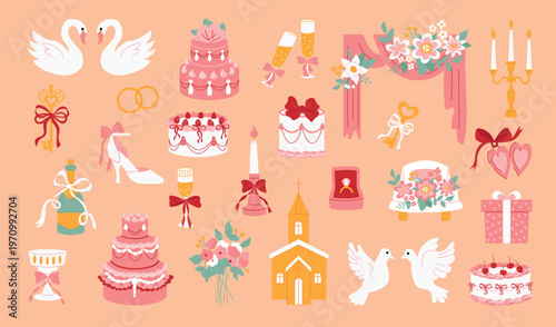 Wedding Clipart Set in Pastel Colors, Romantic Bridal Collection with Swans, Cake, Rings, Doves, Flowers, Perfect for Invitations, Cards, Prints