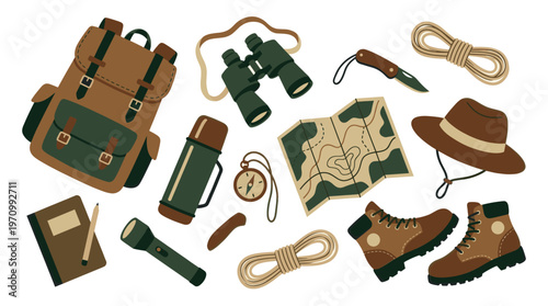 A flat lay illustration of various outdoor adventure essentials including a backpack, binoculars, map, compass, hat, boots, and flashlight on a white background.