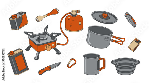 A vibrant illustration showcases essential camping cooking equipment, including a stove, fuel canisters, pots, and utensils, arranged against a clean white background for easy compositing.