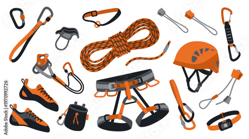 Flat lay illustration of essential climbing equipment in orange, black, and white, including a helmet, harness, rope, shoes, carabiners, and chalk bag.