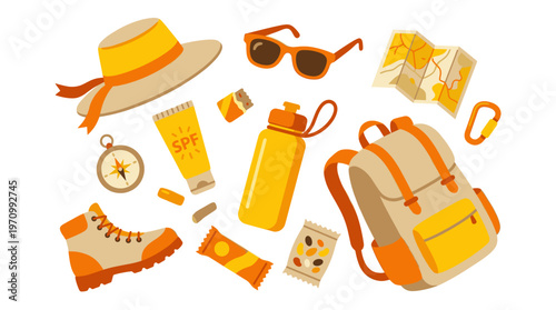 A vibrant flat lay composition featuring essential outdoor adventure gear such as a backpack, hat, hiking boots, water bottle, sunglasses, compass, map, and sunscreen.