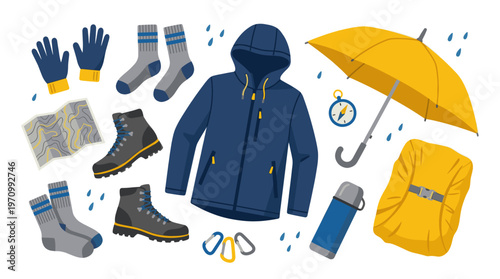 Flat lay collection of outdoor adventure equipment including boots, jacket, umbrella, socks, and map, with rain drops and compass.