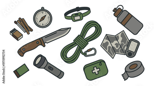 A collection of essential outdoor and camping equipment, including a knife, compass, matches, rope, first aid kit, flashlight, water bottle, and map, arranged on a white background.