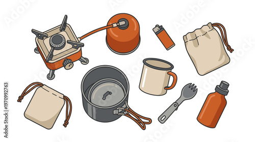 A collection of stylized cartoon outdoor cooking essentials, including a portable stove, fuel canister, pot, mug, utensil, and storage bags, isolated on a white background.