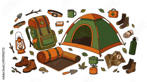 A collection of illustrated camping gear including a tent, backpack, sleeping bag, boots, lantern, and cooking equipment, ideal for outdoor adventure themes.