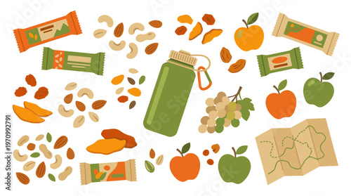 A collection of healthy snacks like energy bars, nuts, fruits, and a water bottle are artfully arranged for an outdoor adventure.
