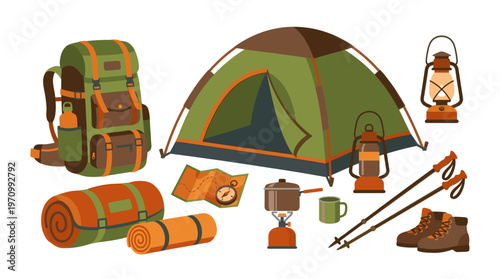 Collection of essential camping equipment including a tent, backpack, sleeping bags, lanterns, stove, map, compass, boots, and hiking poles on a white background.