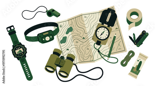 A collection of essential hiking gear, including a map, compass, binoculars, watch, headlamp, rope, and multi-tool, artfully arranged on a white background.