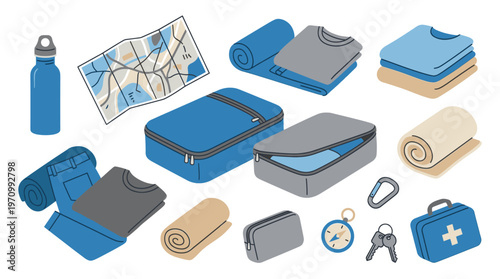 A collection of flat lay travel accessories including a map, water bottle, clothing, packing cubes, and first aid kit, conveying organization and preparation for a journey.