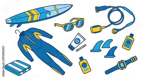 A collection of cartoon-style surfing equipment including a surfboard, wetsuit, sunglasses, towel, leash, fins, surf wax, and sunscreen, all set against a white background.