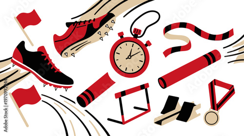 A dynamic flat lay illustration featuring various track and field sports equipment, including running shoes, hurdles, stopwatch, baton, flags, and a medal against a clean white background.