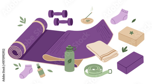 A collection of flat lay fitness items including a yoga mat, dumbbells, water bottle, socks, and yoga blocks, promoting a healthy lifestyle and wellness.