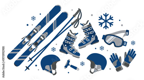 Flat illustration of blue and grey ski equipment including skis, poles, boots, helmet, goggles, and gloves scattered with snowflakes on a white background.