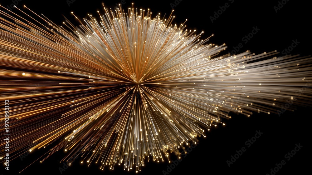 Naklejka premium Dynamic Explosion of Light Particles in Gold and White on Black Background, Radiating Lines Creating a Stunning Visual Effect of Motion and Energy