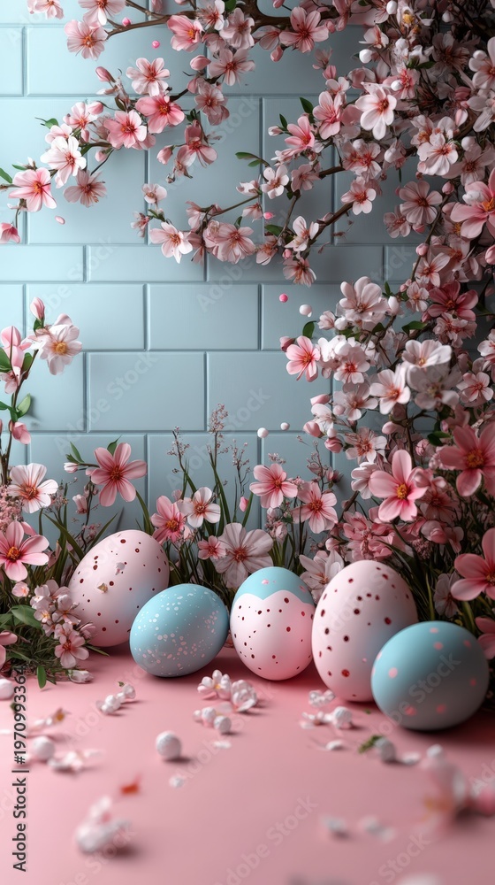 Obraz premium Pastel Easter Eggs in Spring Garden Setting, Happy Easter Day Theme.