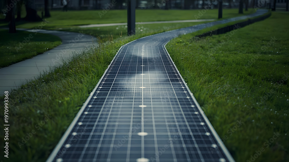 Fototapeta premium Solar panel pathway in green park, renewable energy, clean future concept