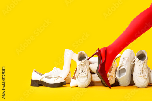 Female leg in red tights wi...