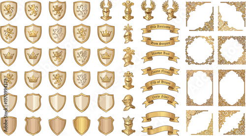 A collection of golden heraldic elements including shields, crowns, helmets, banners, and ornate frames, perfect for use in design, branding, and historical projects.