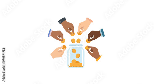 Diverse hands holding coins together.