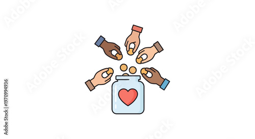 Diverse hands putting coins in charity.