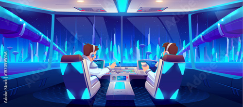 Cartoon spaceship cockpit interior with alien cityscape view through glass window. Futuristic control panel and dashboard in pilot cabin. Fantasy scene of distant planet with neon towers and buildings