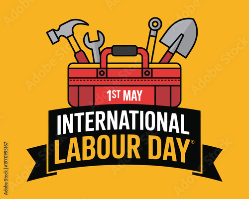 A graphic illustration celebrating International Labour Day on May 1st with a toolbox and banner