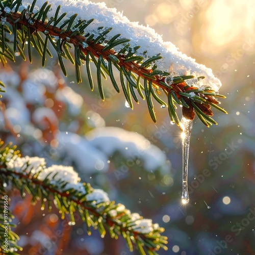 Snowy pine branch with icicles and blurred background