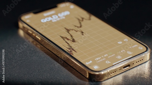 Gold Price Trend Analysis on Mobile Application with Elegant Smartphone Displaying Financial Market Data in Modern Sleek Design