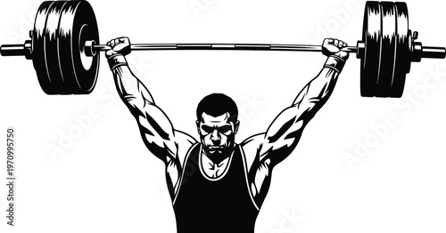A powerful silhouette of a weightlifter successfully completing a snatch lift with a barbell overhead showcasing strength and determination
