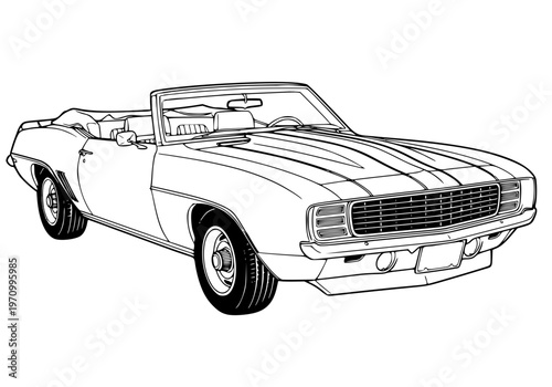 Classic Vintage Convertible Muscle Car Vector Illustration, Retro 1960s Open Top Sports Car Line Art